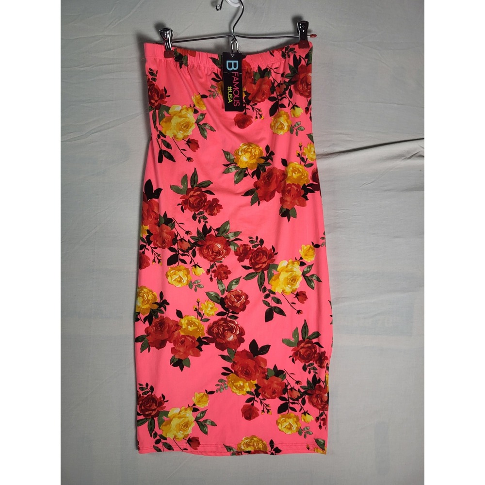B Famous USA Floral Strapless Bodycon Dress Pink Rose Print Women's Large NWT